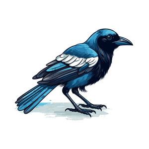 Illustration of a stylized blue and black bird.