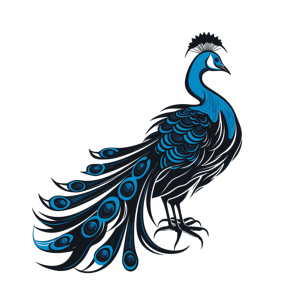 Stylized blue and black peacock illustration.