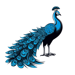 A stylized illustration of a peacock with expanded tail feathers.