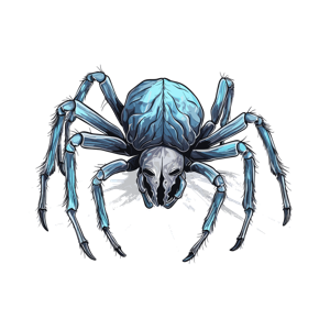 The image is a stylized illustration of a spider with a human skull-like body.