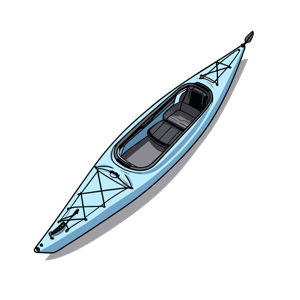 A drawing of a light blue single-person kayak.
