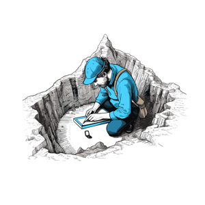 A man is crouched down writing in a book inside a gear-shaped hole.