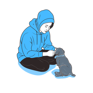 2. An illustration of a person in a blue hoodie interacting with a small dog.