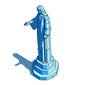 An illustration of a Christ the Redeemer-like statue in blue tones with outstretched arms.