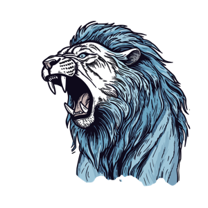 An illustrated blue-maned lion roaring.