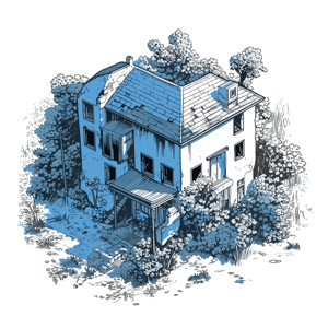 This is an illustration of a blue two-storey house with a detailed surrounding environment that includes trees and bushes.