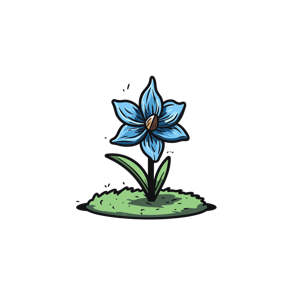 A cartoon-style blue flower with an orange center, green leaves, and grassy ground.