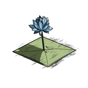 A blue lotus flower growing from a green, pyramid-shaped base.