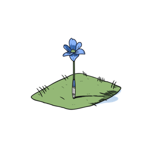 A drawing of a blue flower with a pen for its stem.