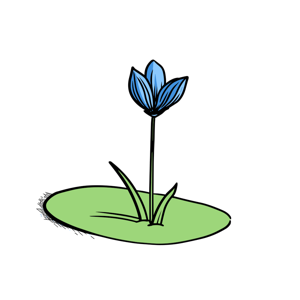 A stylized blue flower with a green base.