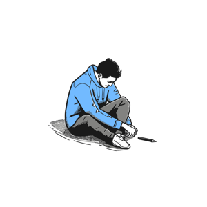 A stylized illustration of a person sitting on the ground with a fallen pencil in front.