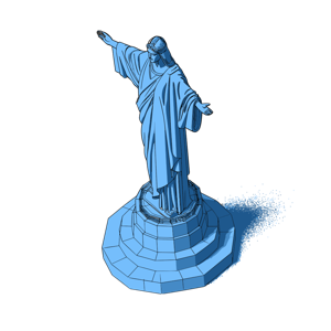 The image shows a blue wire-frame digital art of the Statue of Liberty deconstructing.