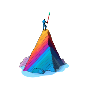 A person on top of a colorful mountain holding a flag.