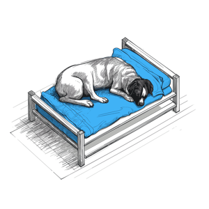 A dog sleeping on a minimalistic bed with a blue mattress.
