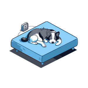 An illustrated dog sleeping on a bed with an air cooling device nearby.