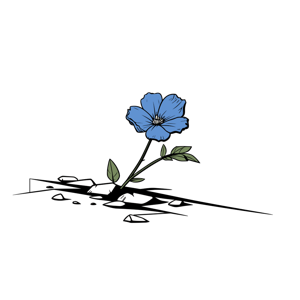 A blue flower breaking through a flat surface.