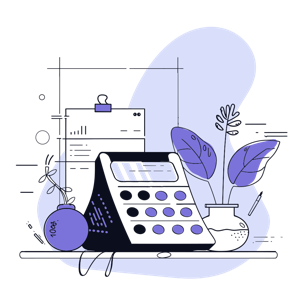 The image is an illustration of a workspace with a calculator, plant, and other office supplies.