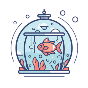 This is an illustration of a fish in a fishbowl with plants and bubbles.