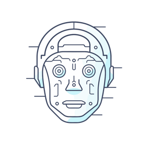 The image is a line drawing of a robot head with headphones.