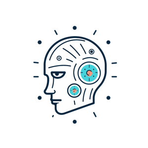 A line drawing of a human head with clockwork elements inside, representing a mechanical or process-oriented brain.