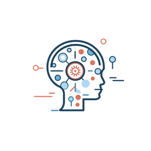 The image is an abstract representation of a human head and brain with various elements symbolizing thoughts or mental activity.