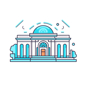 Stylized illustration of a neoclassical building with a dome and columns.