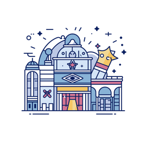 Illustration of a colorful, astronomy-themed building with observatory and educational elements, featuring stars and sparkles.