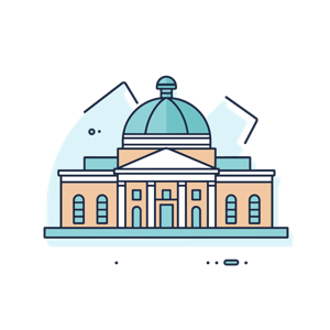 A graphic illustration of a classical building with a dome.