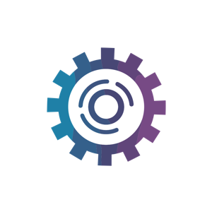 The image is a colorful, graphic icon of an eye within a gear or cogwheel, split into blue and purple sections.