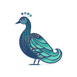Illustration of a stylized peacock in shades of blue and teal with a white background.