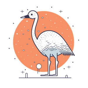 Illustration of a stylized crane against an orange backdrop with decorative elements.