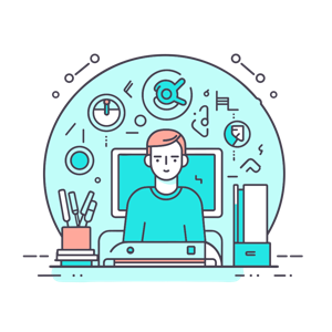 Illustration of a person at a computer desk with abstract symbols in the background.