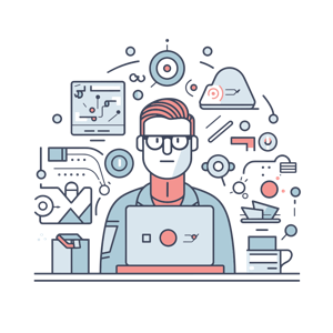 The illustration depicts a person at a desk working on a laptop, surrounded by various icons related to technology and productivity.