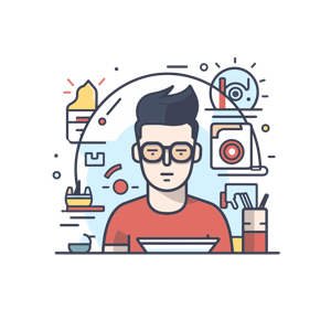2. The image is a stylized illustration of a person at a desk with various creative work-related items in the background.