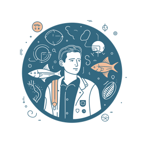The image is a creative illustration of a man with scientific and nautical icons.