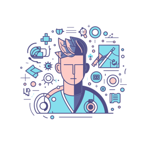 Stylized portrait of a male character surrounded by various icons related to creativity and technology.
