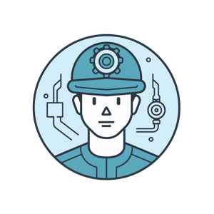 The image is a stylized icon representing a person associated with industry or engineering, wearing a hard hat.