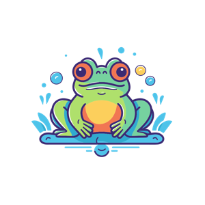 A cartoon frog on a lilypad surrounded by water splashes and bubbles.