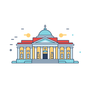 A colorful illustration of a classical building with a dome and columns.