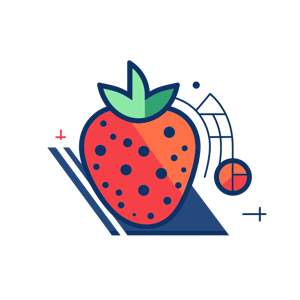 The image features a cartoon-like drawing of a strawberry with a musical note next to it, on a geometric background.