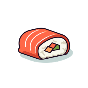 The image is a colorful illustration of a piece of salmon nigiri sushi.